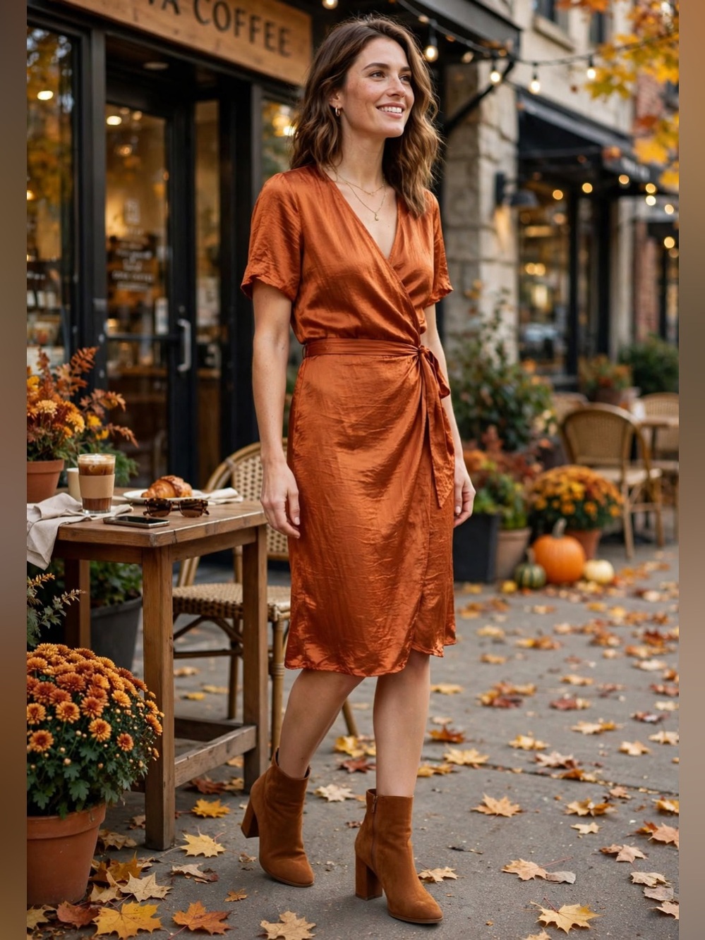 J.Jill 10P Petite 100% Silk Wrap Dress Burnt Orange Copper Crinkle Quiet Luxury